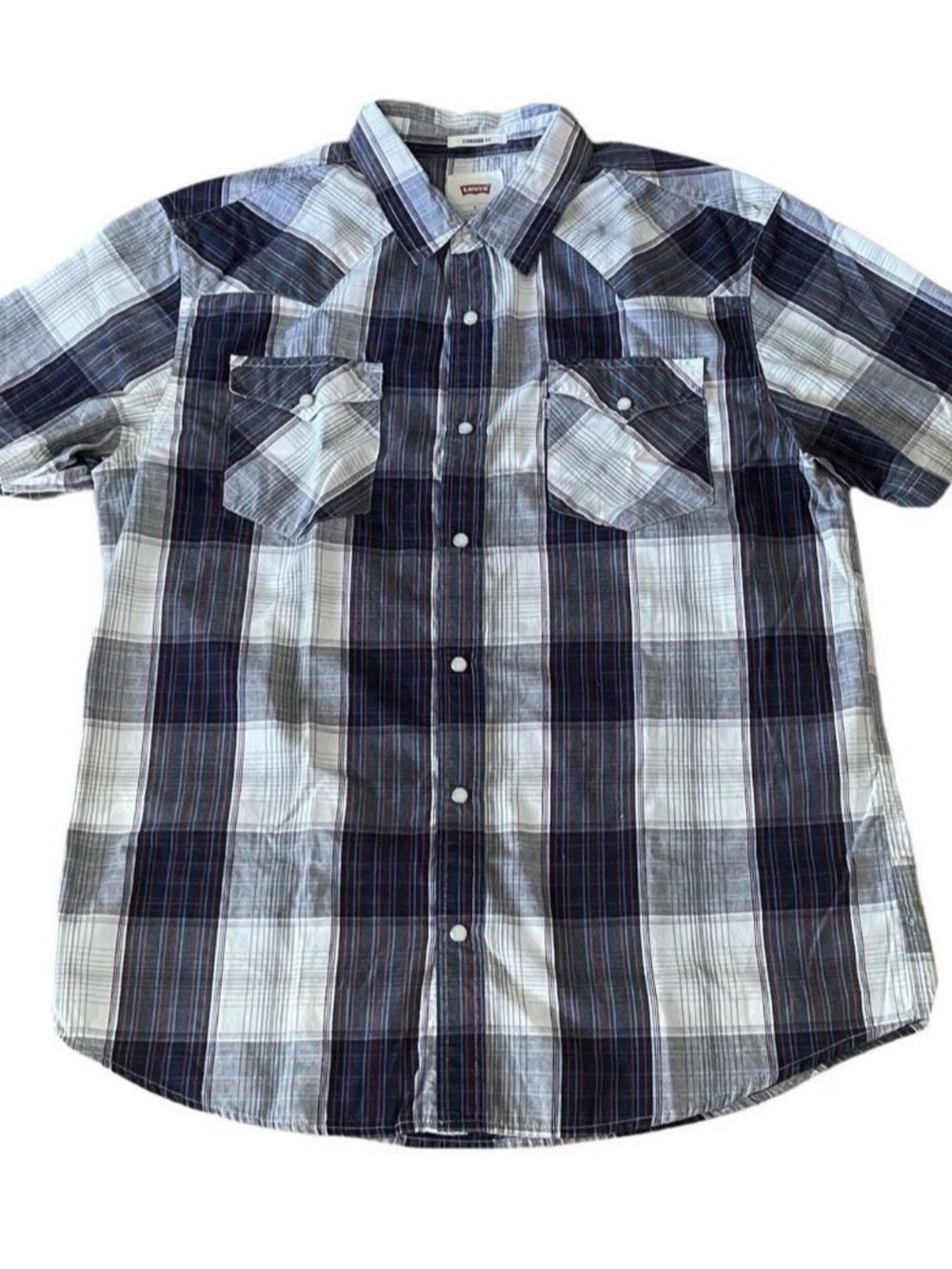 mens levis pearl snap shirt standard fit White & Blue plaid Long Sleeve Sz Large